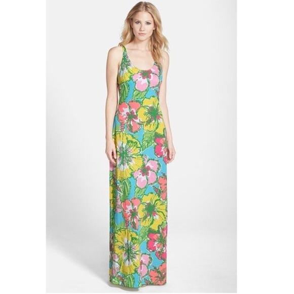Lilly Pulitzer Dress Palm Big Flirt Jersey Maxi Tank Tie Back Floral XS Summer - Picture 11 of 12
